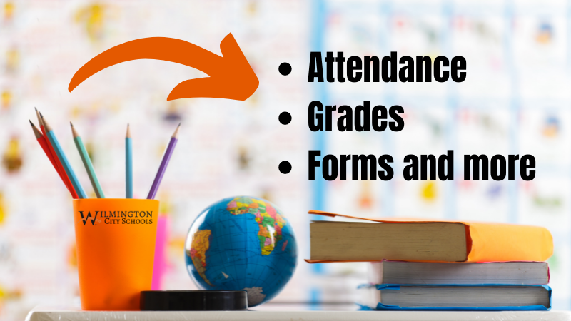 school supplies and globe with "Attendance, Grades, and Forms and more"